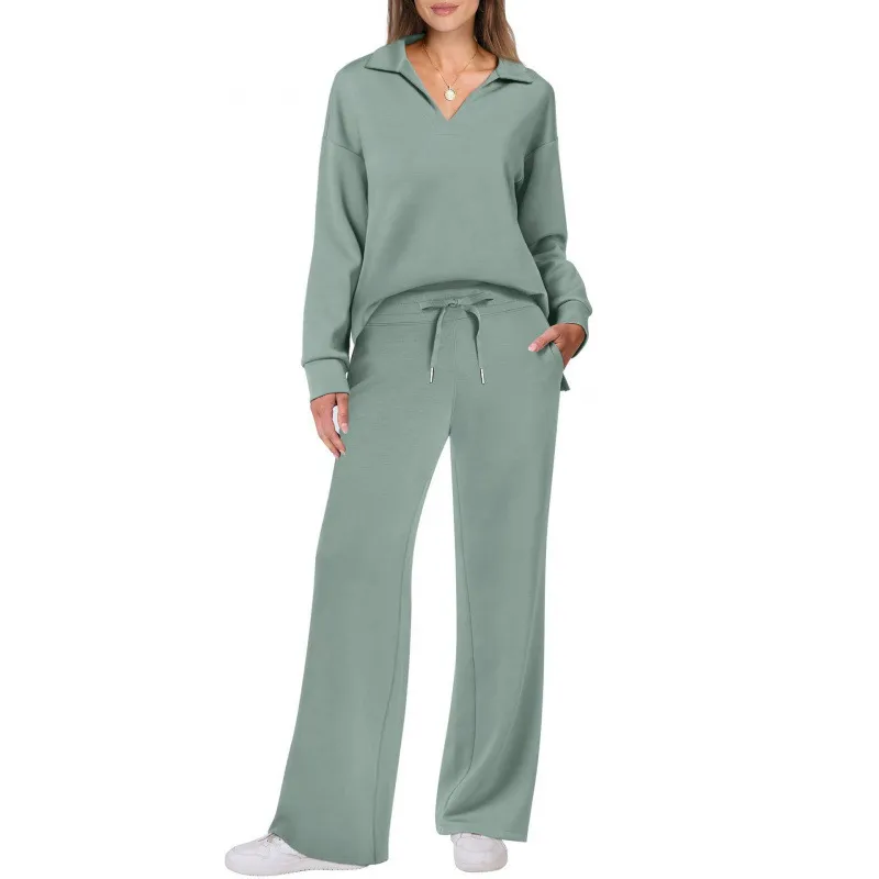 Women's Tracksuit Sports Suit V-neck Long-sleeved Pullover Top And Drawstring Straight-leg Trousers Casual Solid Trousers Set - Green