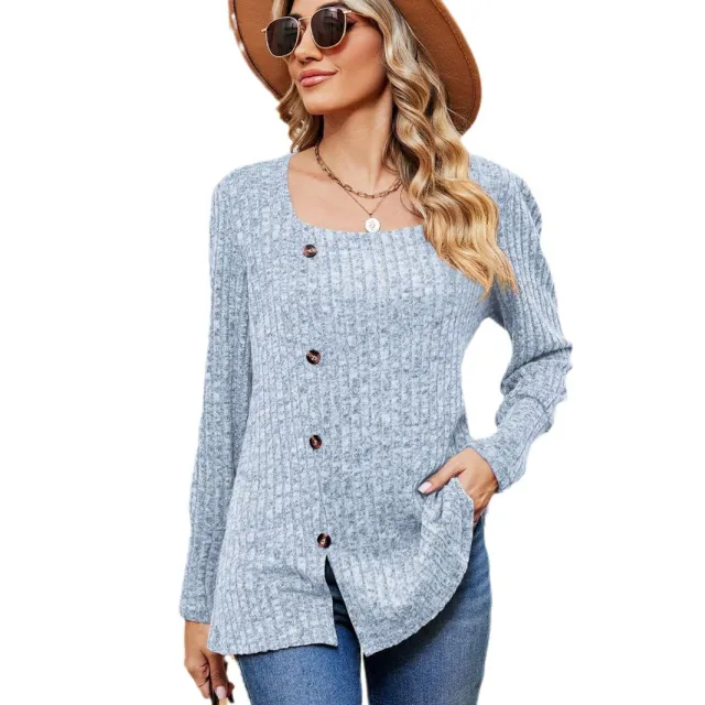 Women's Fashion Casual Loose Square Collar Button Long Sleeve Top Light Blue - Shop at LoveMi