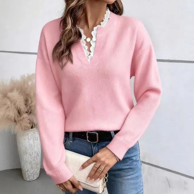 Fashionable Lace V neck Sweater Solid Color Loose Long Sleeves Knitwear Pink - Shop at LoveMi