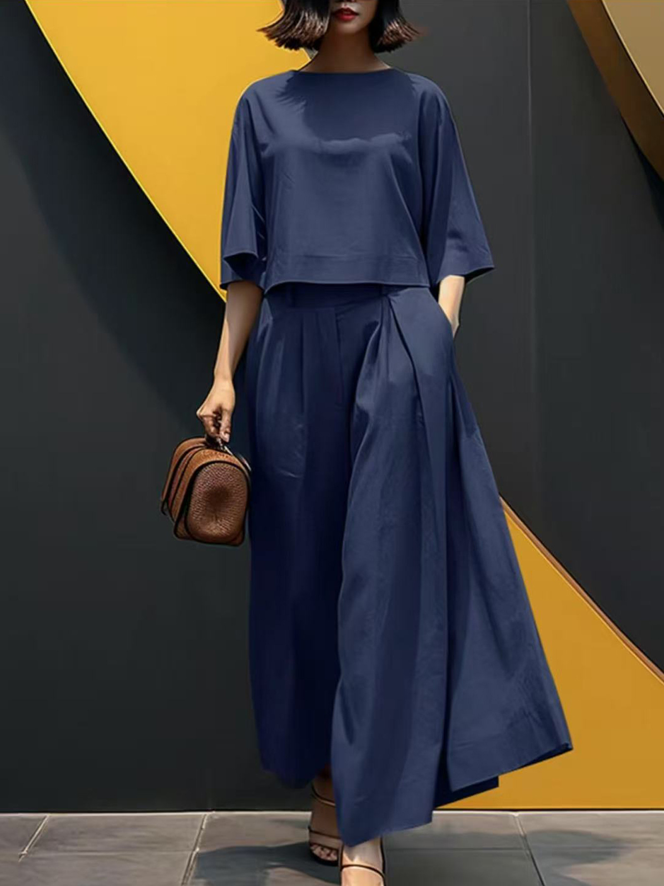 European And American Fashion Suit Solid Color Short Sleeve Loose Trousers Two piece Set Navy - Shop at LoveMi