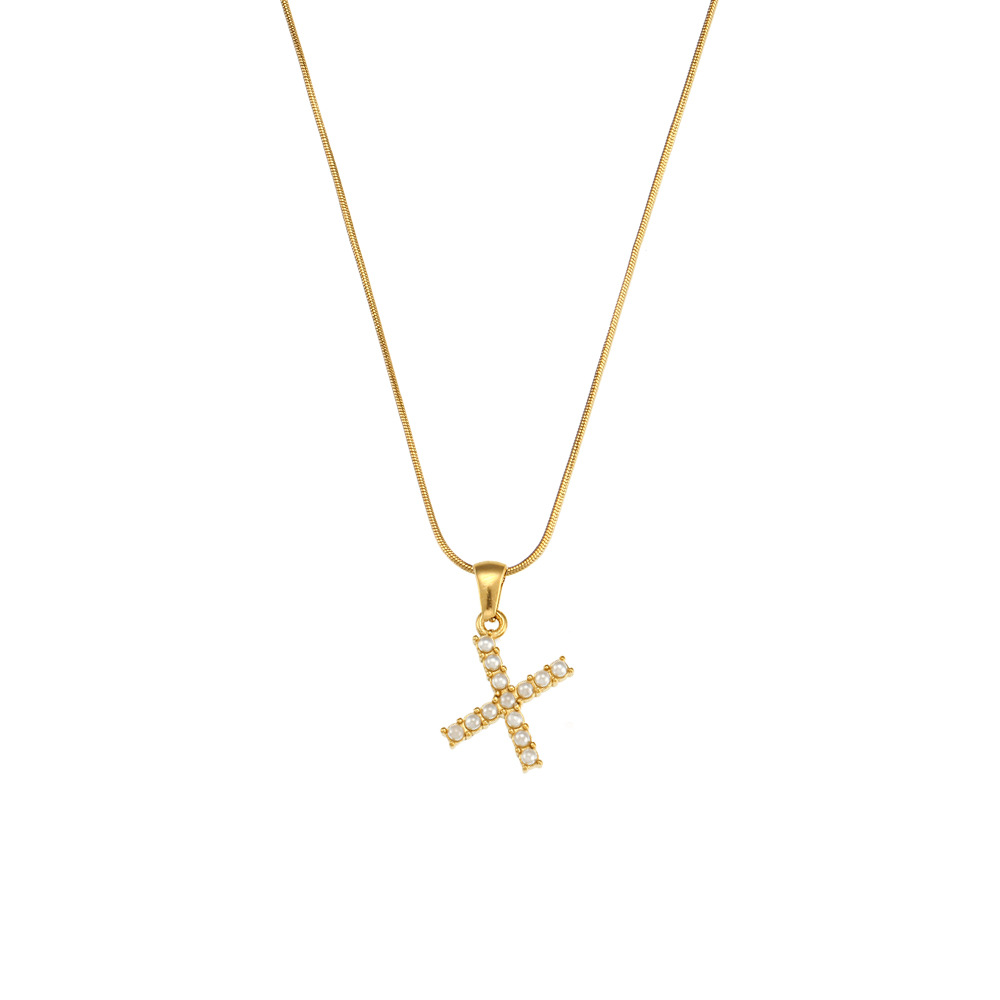 Fashion All-Match Letter Pendant Jewelry Stainless Steel 18K Gold-Plated Thin Snake Chain Pearl Letter Necklace