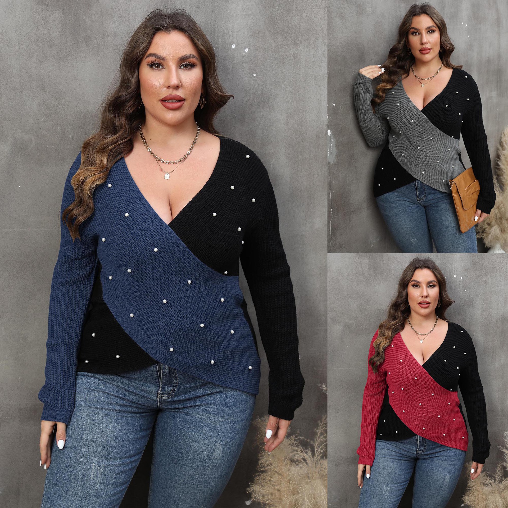 Plus Size Women's Color Contrast Patchwork Deep V Cross Sexy Beaded Sweater