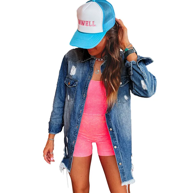Retro Distressed Long Denim Coat For Women - Lc788599 Dark Blue
