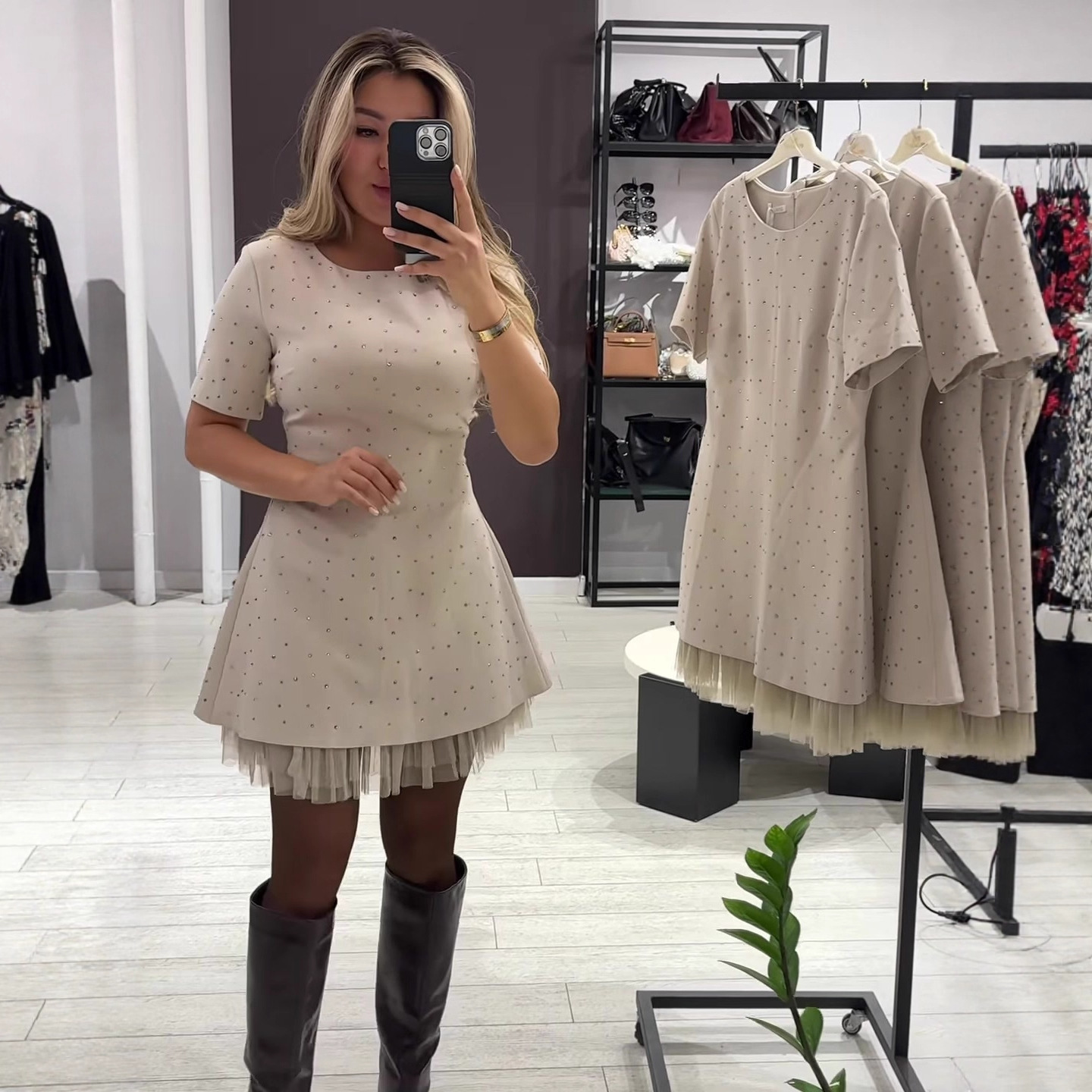 Women's Round Neck Short Sleeve Rhinestone Slimming Lace Trim Dress Cream - Shop at LoveMi