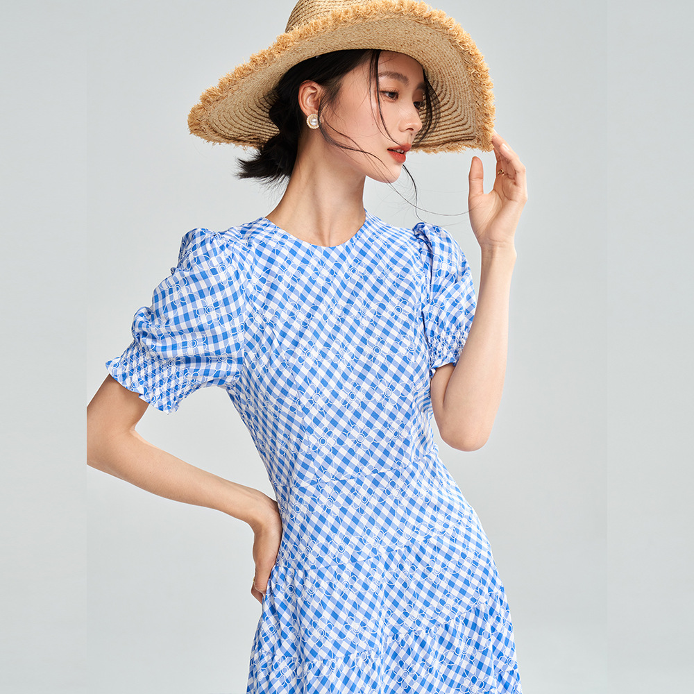 New Blue And White Plaid Elegant Waist-tight Dress Women