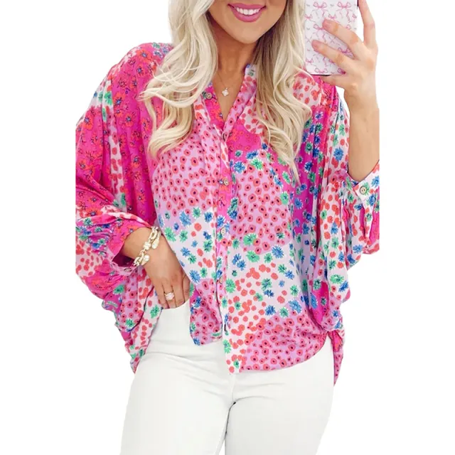Casual Loose Single breasted Long Sleeve Color Matching Shirt Rose - Shop at LoveMi