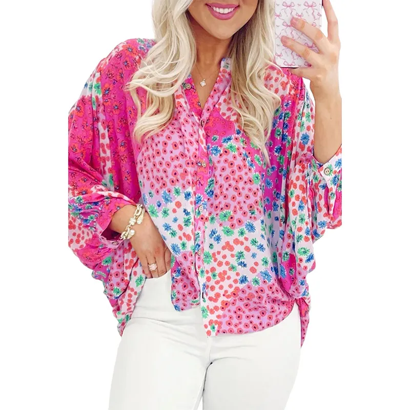 Casual Loose Single-breasted Long Sleeve Color Matching Shirt - Rose