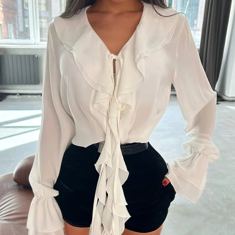 Fashion V-neck Ruffled Chiffon Flared Sleeve Loose Shirt - Red