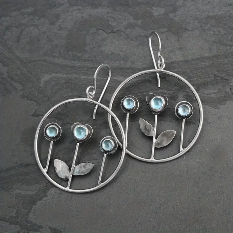 Vintage Flower Decorative Glass Inlaid Round Earrings Bohemian Style