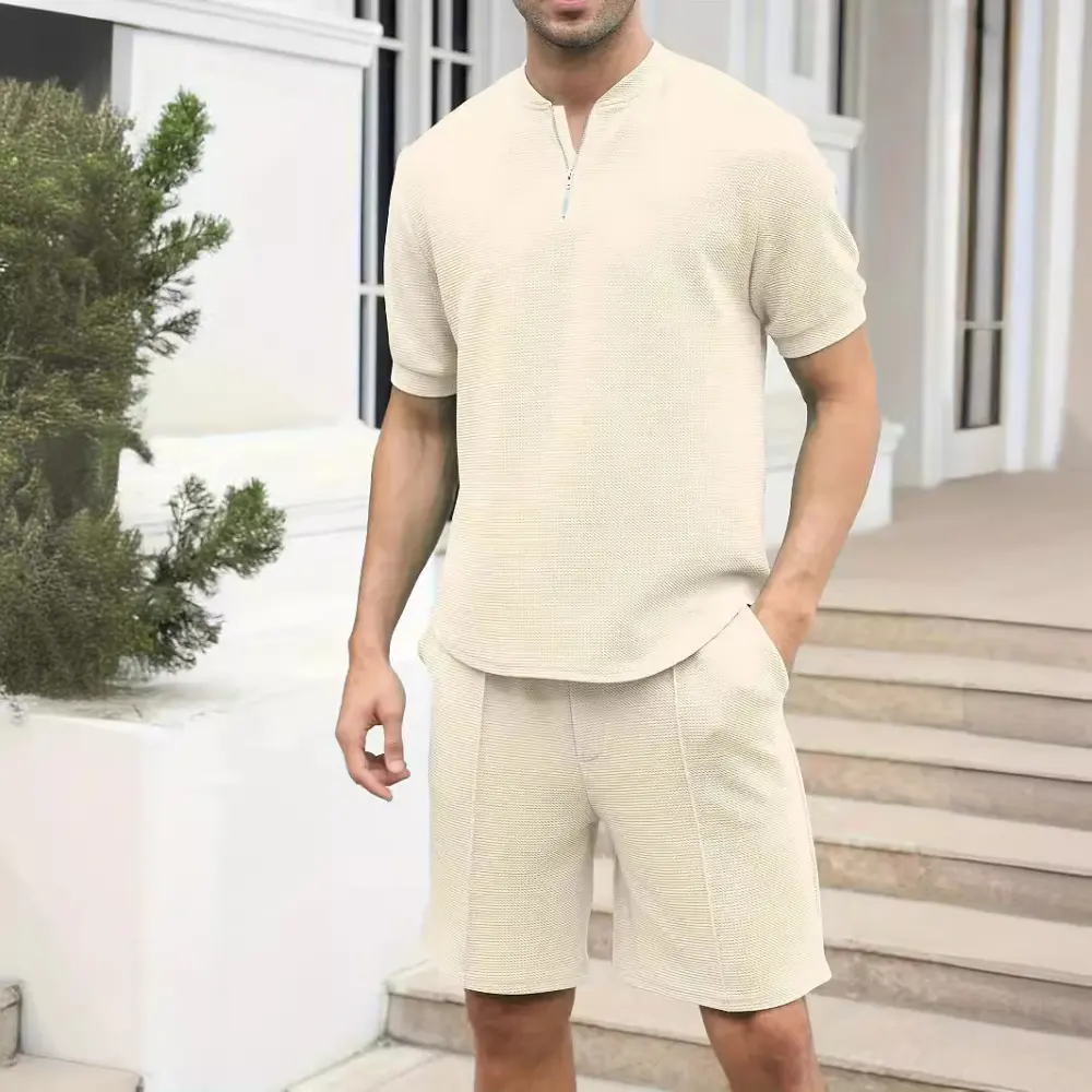 Waffle Stand Collar Solid Color Zipper Short Sleeve Trousers