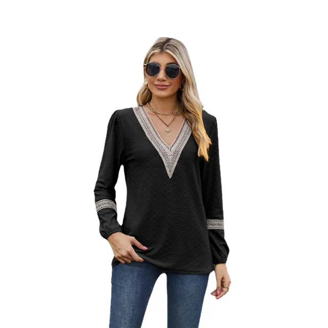 Lace V neck Patchwork Long Sleeve Loose fitting T shirt Top Black - Shop at LoveMi