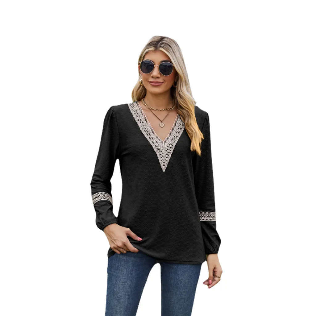 Lace V-neck Patchwork Long Sleeve Loose-fitting T-shirt Top - Black