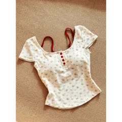 Pure Desire Floral Square Collar Shoulder Short-sleeved T-shirt Women's Summer With Chest Pad - White - View 1