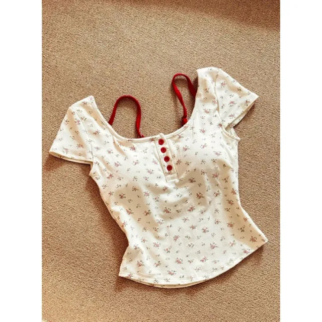 Pure Desire Floral Square Collar Shoulder Short sleeved T shirt Women's Summer With Chest Pad Floral - Shop at LoveMi