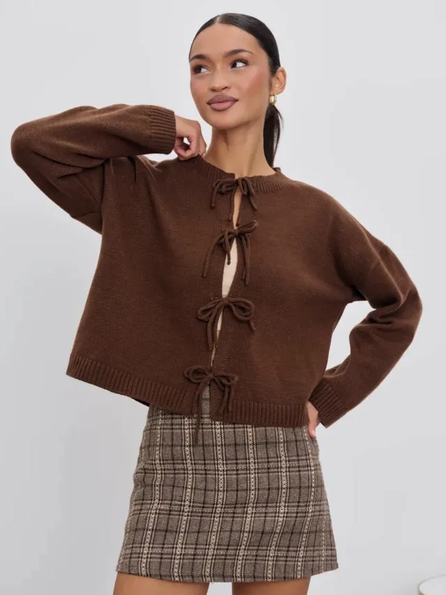 European And American European And American Leisure Loose Cardigan Lace up Solid Color Knitted Sweater For Women Coffee - Shop at LoveMi