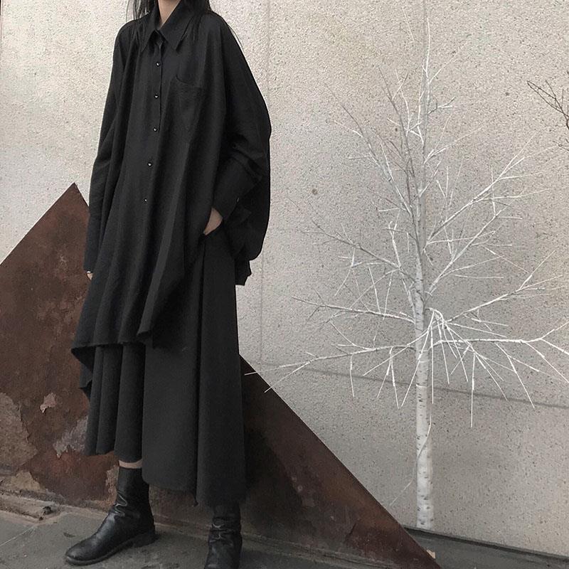 Long-sleeve Mid-length Shirt With An Asymmetrical Black Skirt