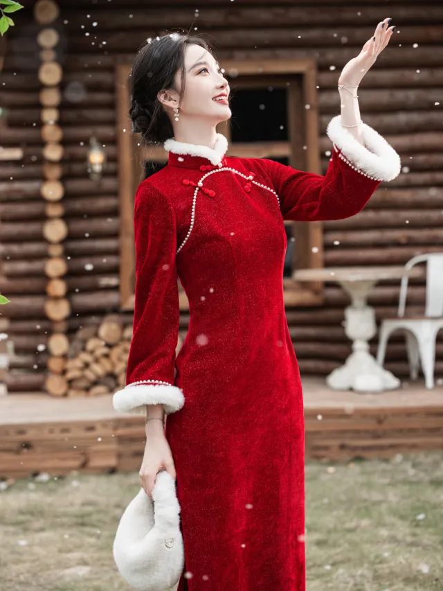 Chinese style Fleece lined Thick Improved Young Women's Dress 030 Red - Shop at LoveMi