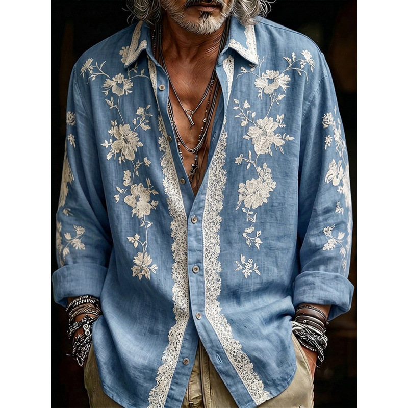 Men's Digital-Print Retro Floral Casual Shirt