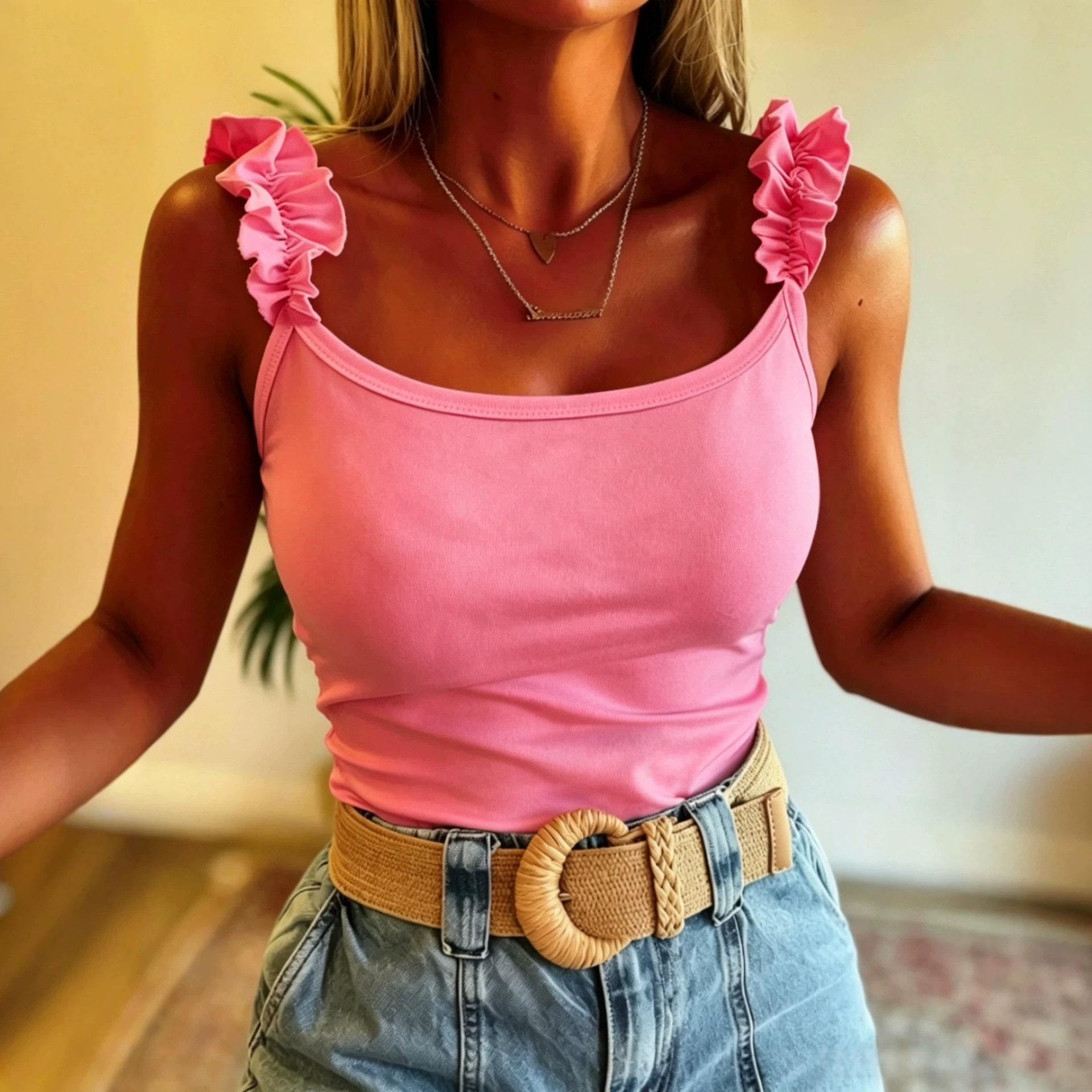 Womens Casual Solid-Color Ruffle-Trimmed Fashionable Vest