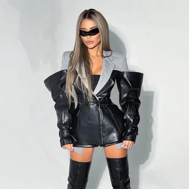 Leather Stitching Suit Jacket For Women Autumn And Winter New Advanced M2492 Black - Shop at LoveMi