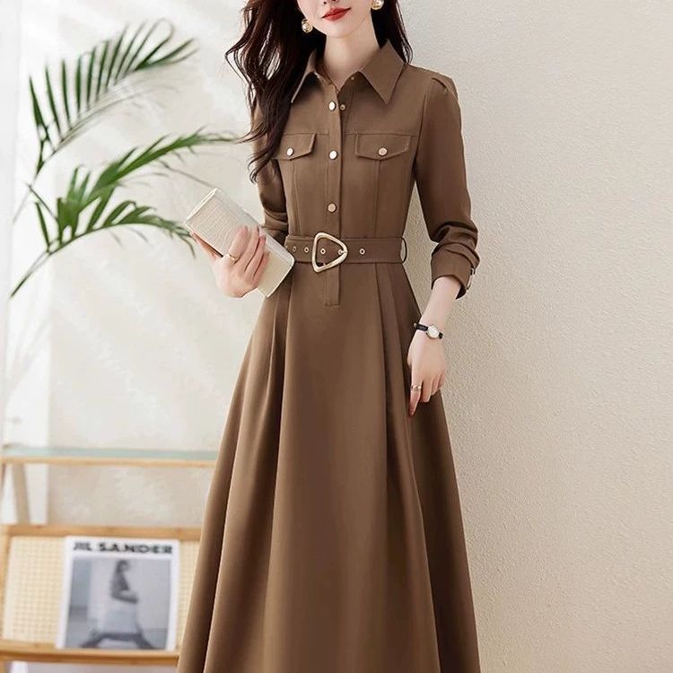Fitted-waist Figure-flattering Elegant Lapel-collar Below-the-knee Dress