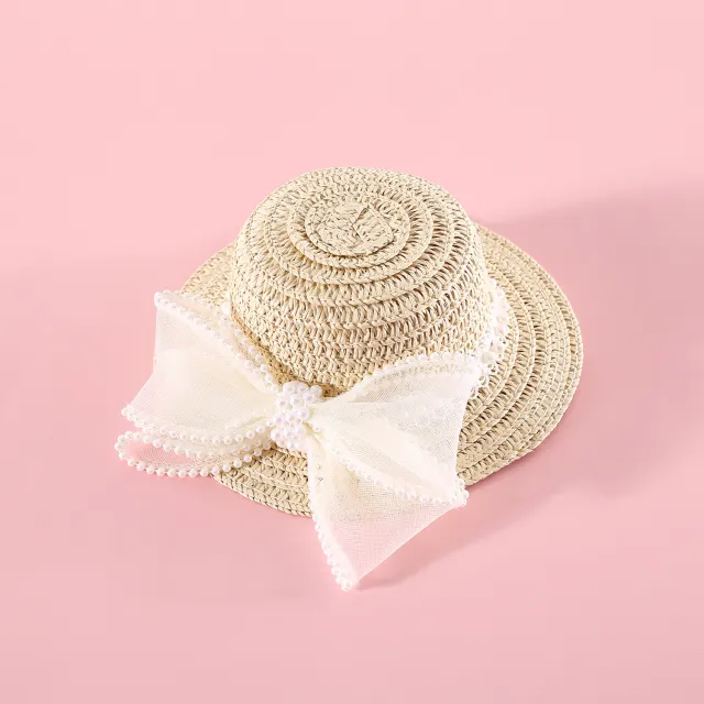Pet Cat Lady Straw Hat Pearl Bow Woven White Pearl Bow Hat - Shop at LoveMi