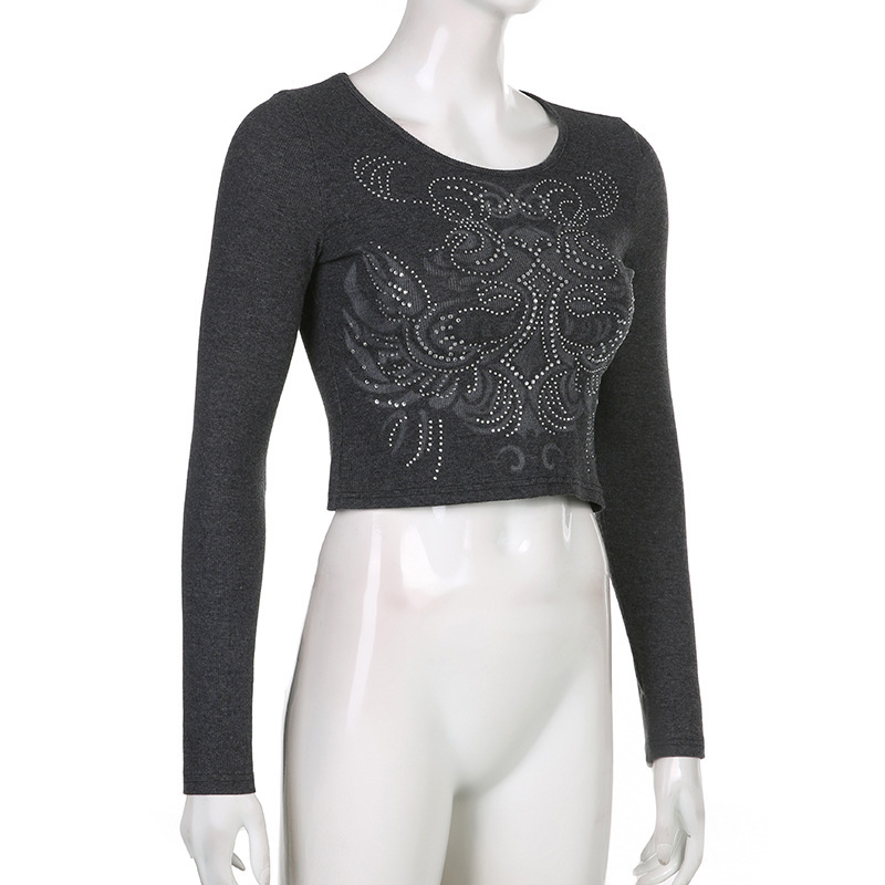 Women's Rhinestone Long-sleeved T-shirt Crop-top Short Top