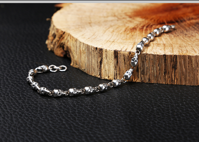 925 Sterling Silver Fashion Trendy Jewelry Vintage Thai Silver Skull Bracelet Personality Female Student Thin Chain