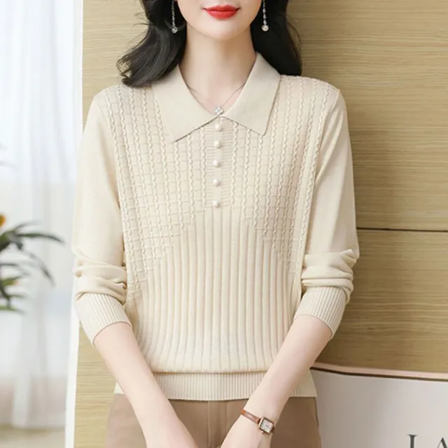 Beaded Lapel Younger Knitwear Women's Sweater Beige - Shop at LoveMi