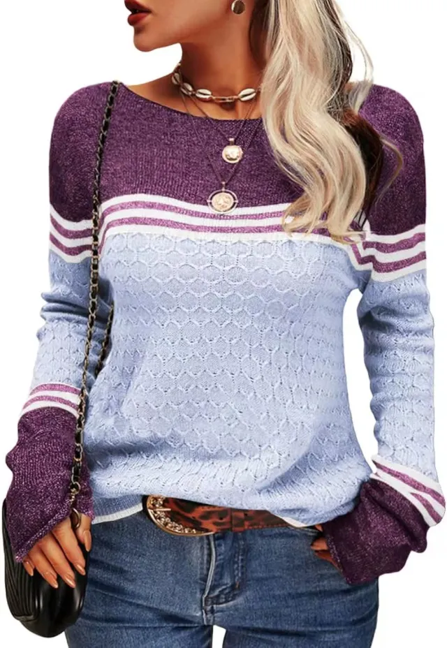 Foreign Trade Crocheted Long sleeved Top Striped Color block Crew Neck Knitted Sweater Blue - Shop at LoveMi