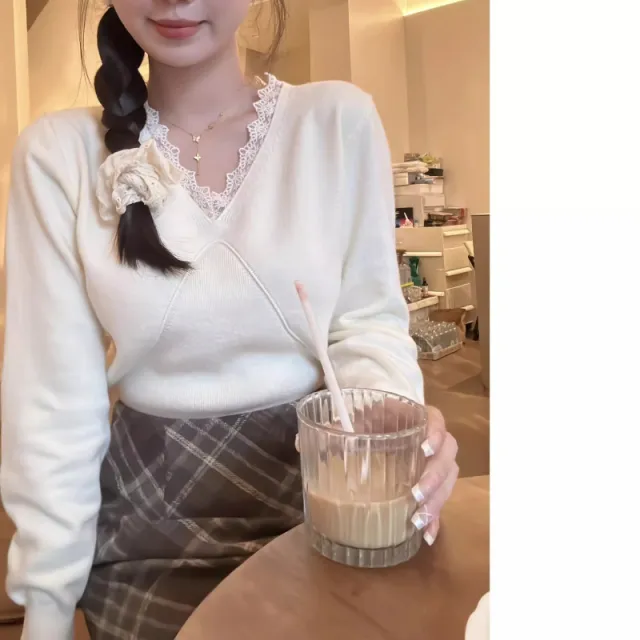 Lace V neck Solid Color Women's Long Sleeve Sweater White - Shop at LoveMi