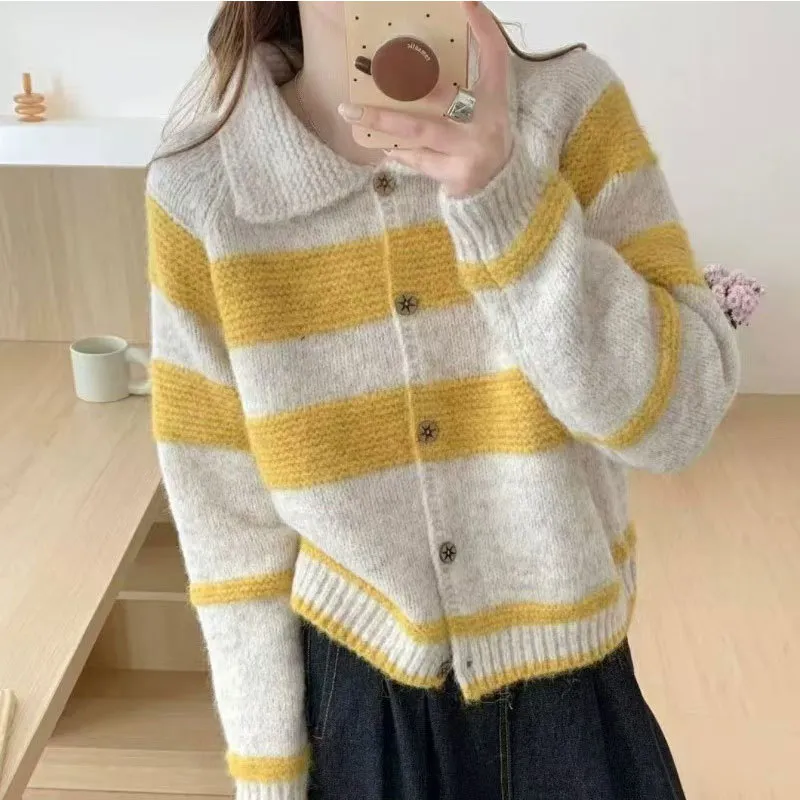 Women's Retro Contrast Color Striped Lapel Sweater Cardigan Coat - Yellow
