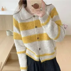 Women's Retro Contrast Color Striped Lapel Sweater Cardigan Coat - Yellow - View 1