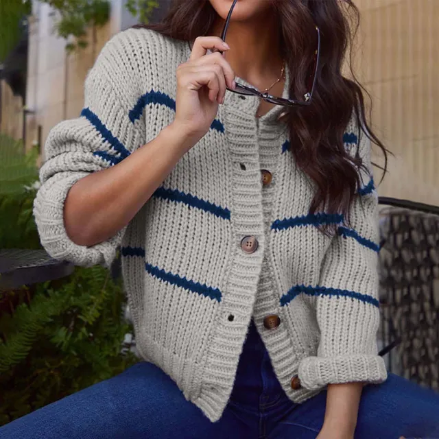 Fashion Stripes Loose Knitted Cardigan Coat Top Gray - Shop at LoveMi
