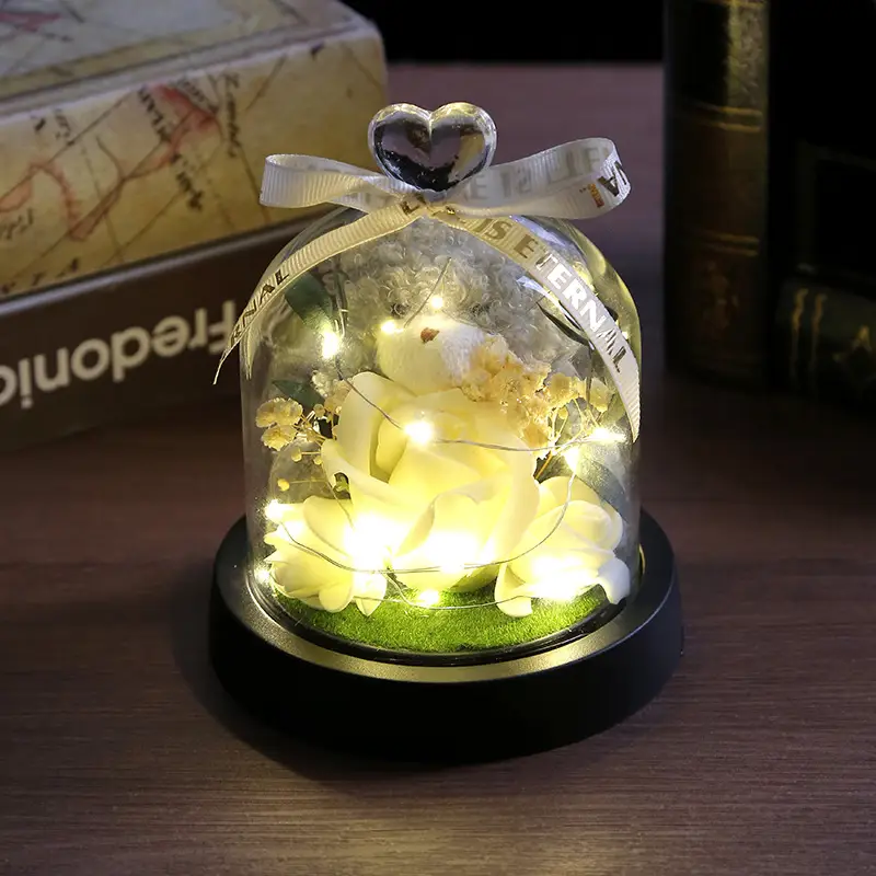 Glass Cover Bouquet Rose With Light Small Ornaments