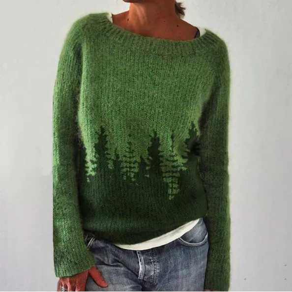 Women's Fashion Round Neck Multicolor Loose Leisure Pullover Knitwear Sweater Green - Shop at LoveMi