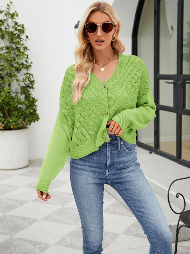 V neck Hollow Knitted Cardigan Outer Wear Loose Top Green - Shop at LoveMi
