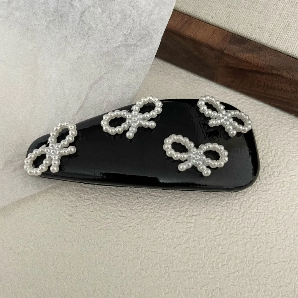 Leather Pearl Barrettes Women's Bow - Black