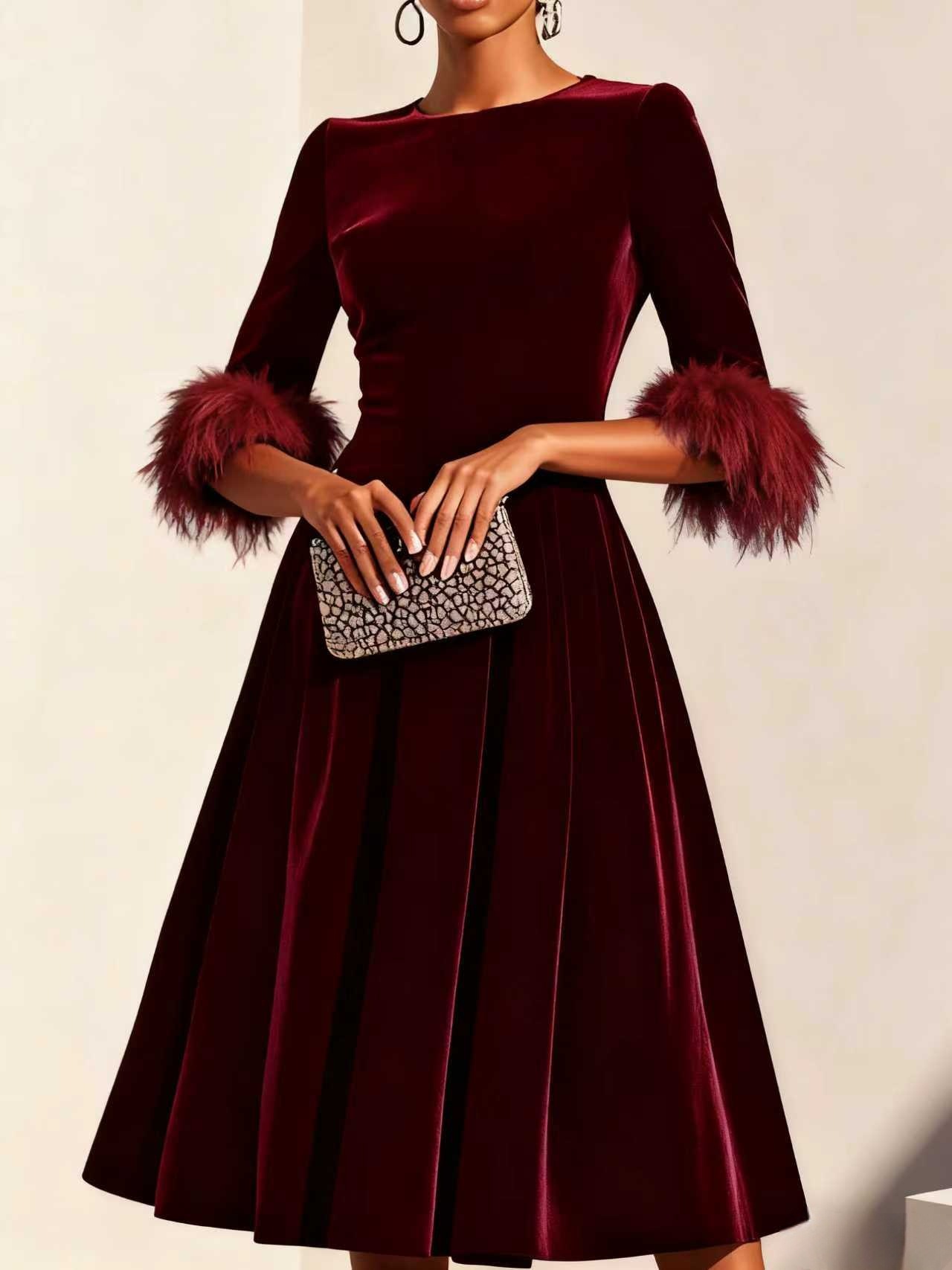 Elegant AutumnWinter Round Neck Velvet Dress For Women Wine - Shop at LoveMi