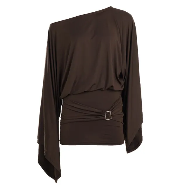 Classical European And American Style Slant Shoulder Loose Bell Sleeve Dress Brown - Shop at LoveMi