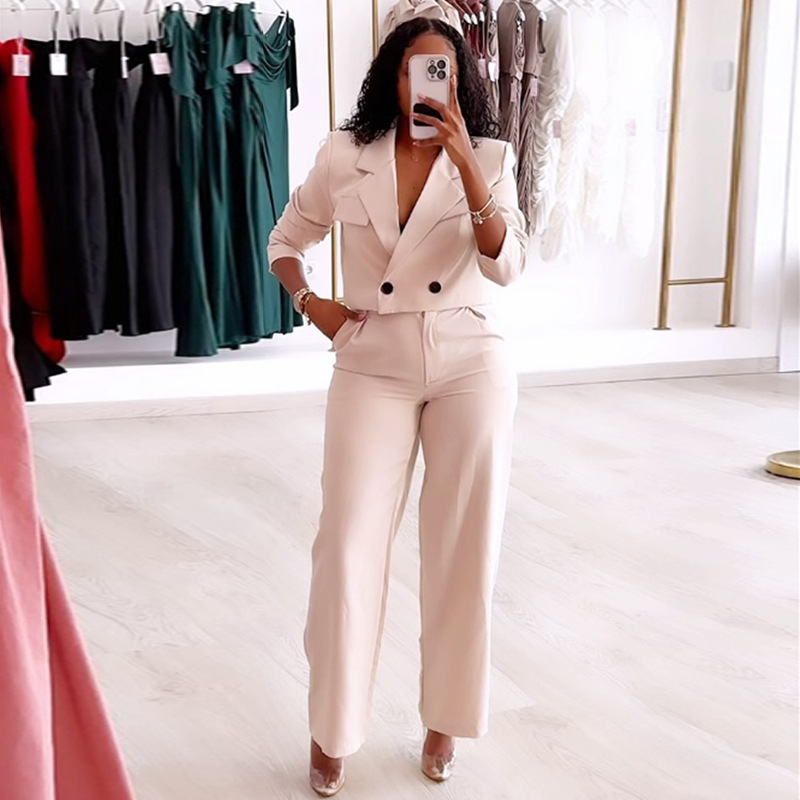 Solid Color Polo Collar Suit Top Wide-leg Pants Casual Suit