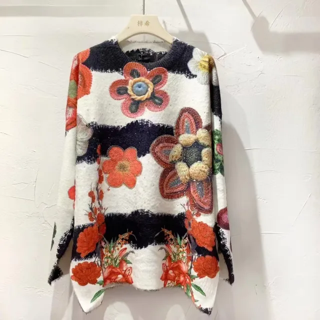 Goods Exquisite Rhinestone Rich Flower Hooded Sweater Round Neck Free Size - Shop at LoveMi