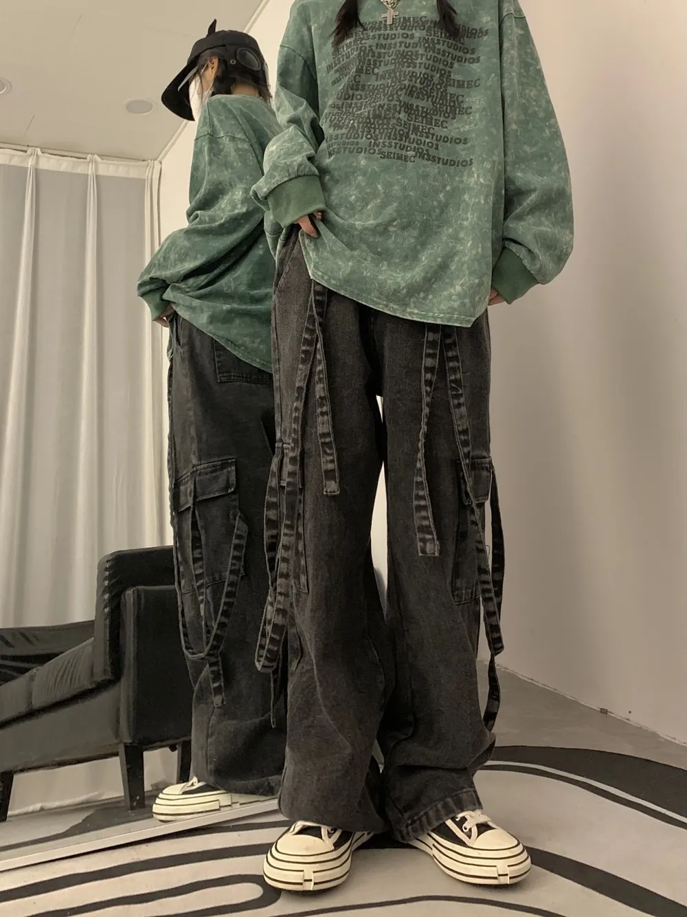 Retro Long Streamer Purple Overalls Straight-leg Trousers - Washed Black