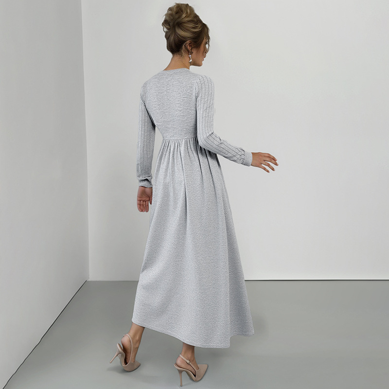 V-neck Long-sleeve Dress Women's Solid Color High-grade Brushed Split Dress