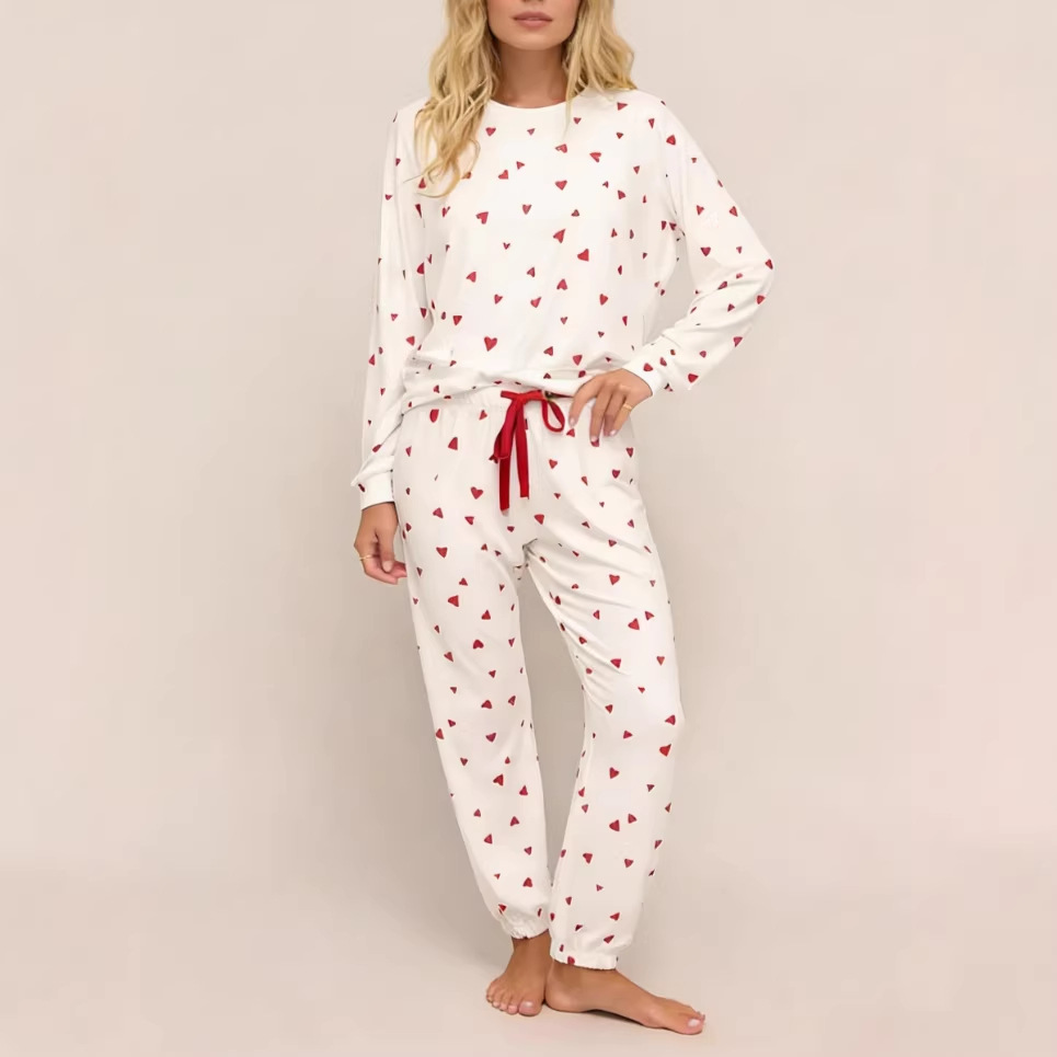 Heart-print Lace-up Pajama Set With Long Sleeves And Long Pants For Loungewear