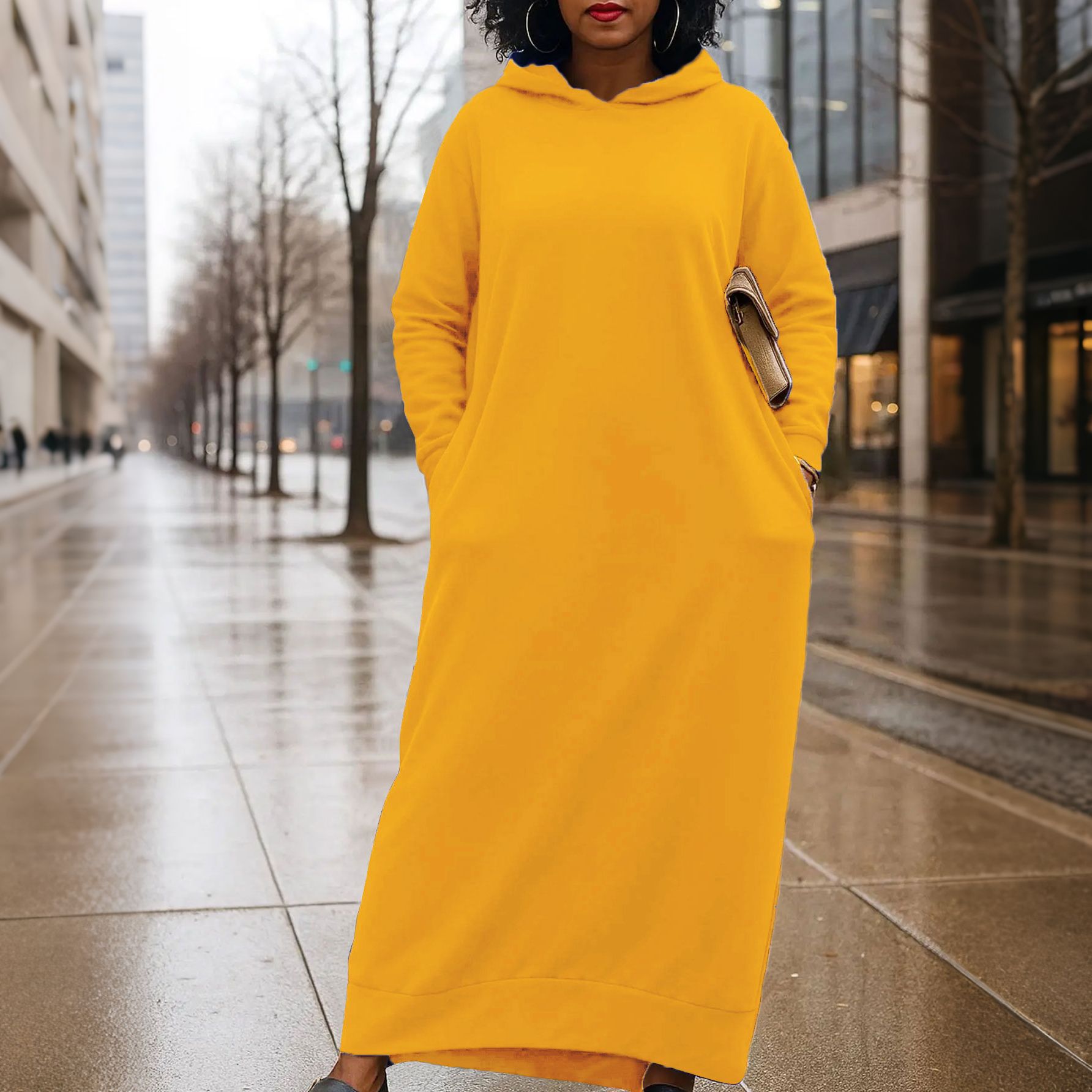 Casual Solid-color Hooded Long-sleeve Dress