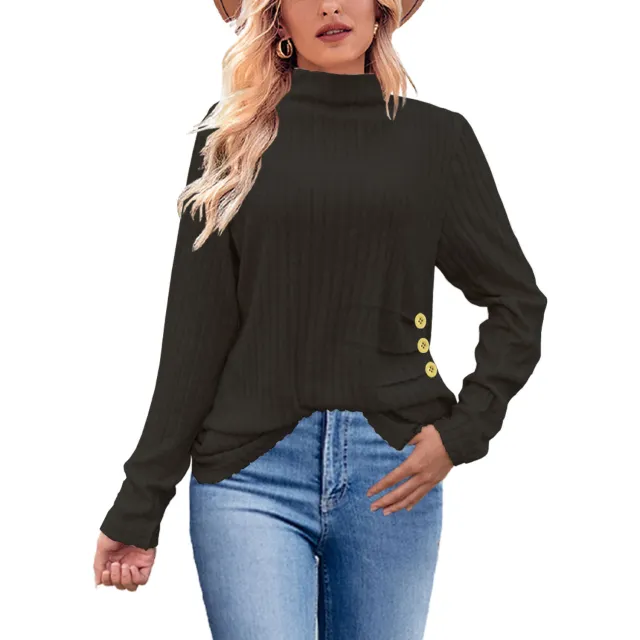 European And American Brushed Sunken Stripe Knitted Turtleneck Side Button Women's Top Black - Shop at LoveMi