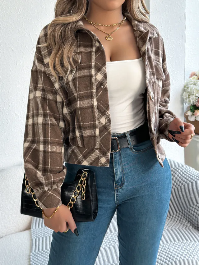 Plaid Faux Pocket Long Sleeve Woolen Cloth Jacket Coat Brown - Shop at LoveMi