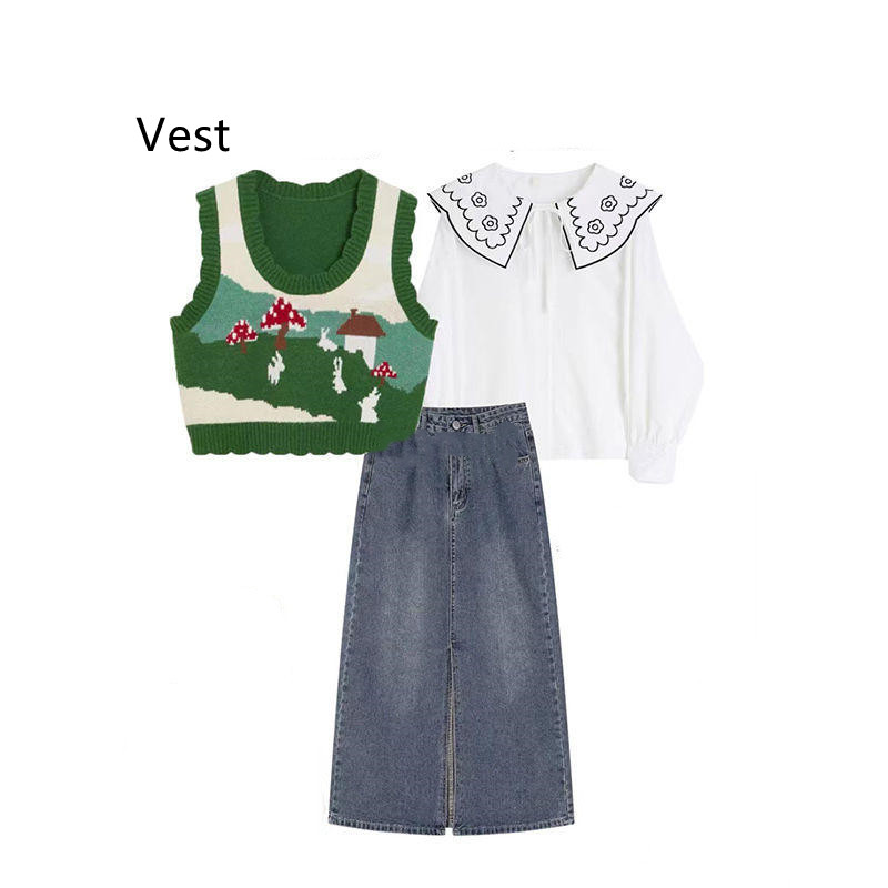 Women's Fashion Denim Knitted Vest Shirt Skirt Suit