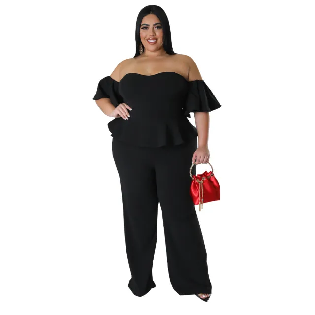 Sexy Off shoulder Short sleeve Wide leg Stretch Jumpsuit Black - Shop at LoveMi